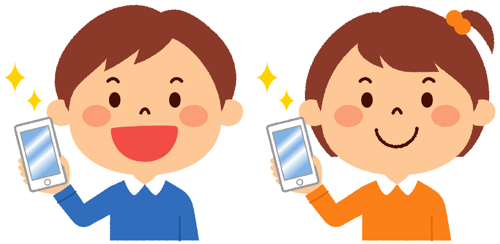 新しいスマホを見せる子供たち